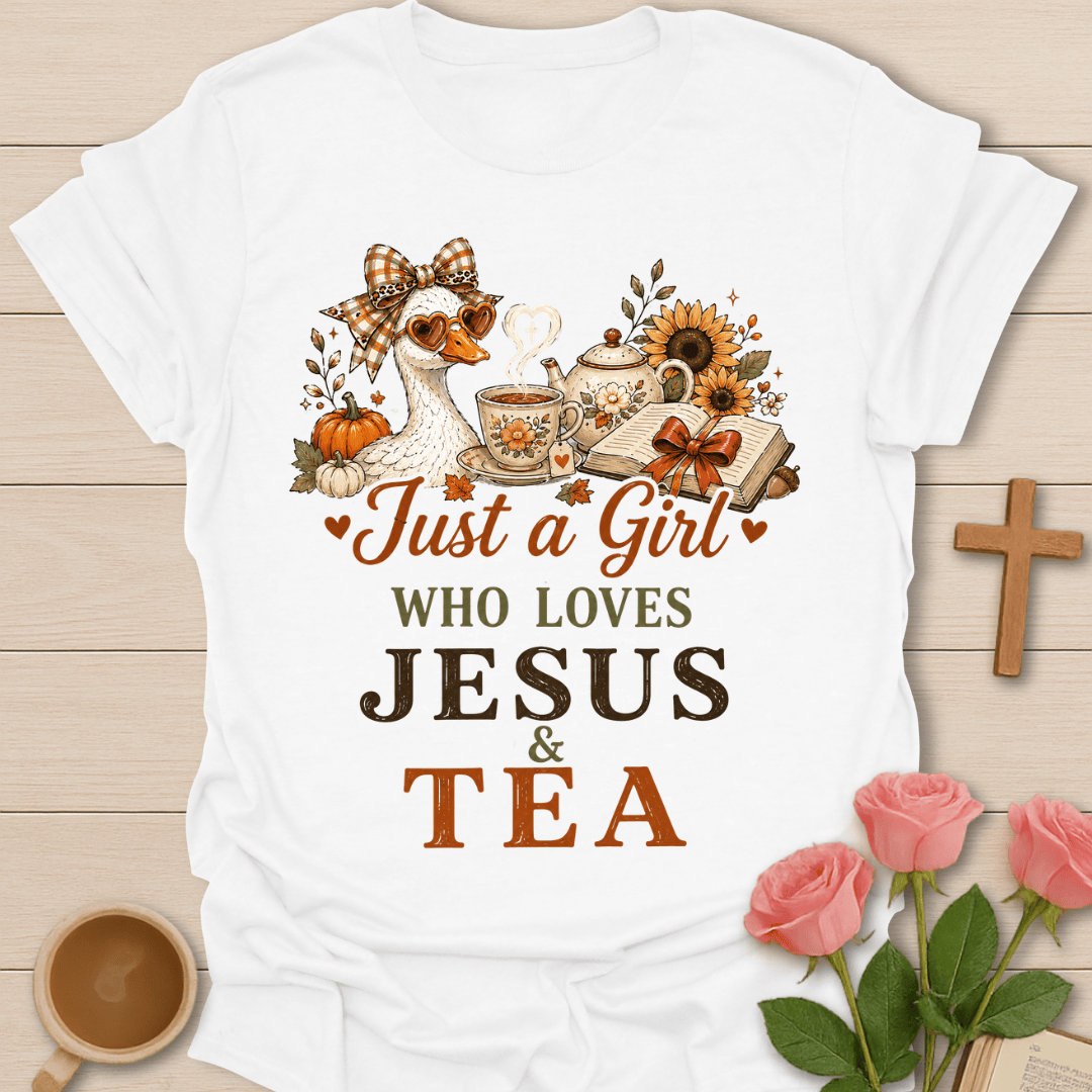 Fall Jesus and Tea Girl T-Shirt KozzyCo Christian and tea lover design