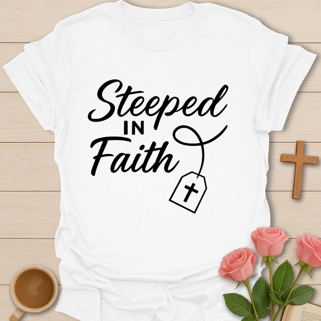 White t-shirt with 'Steeped in Faith' text on a wooden surface with flowers and a cross.