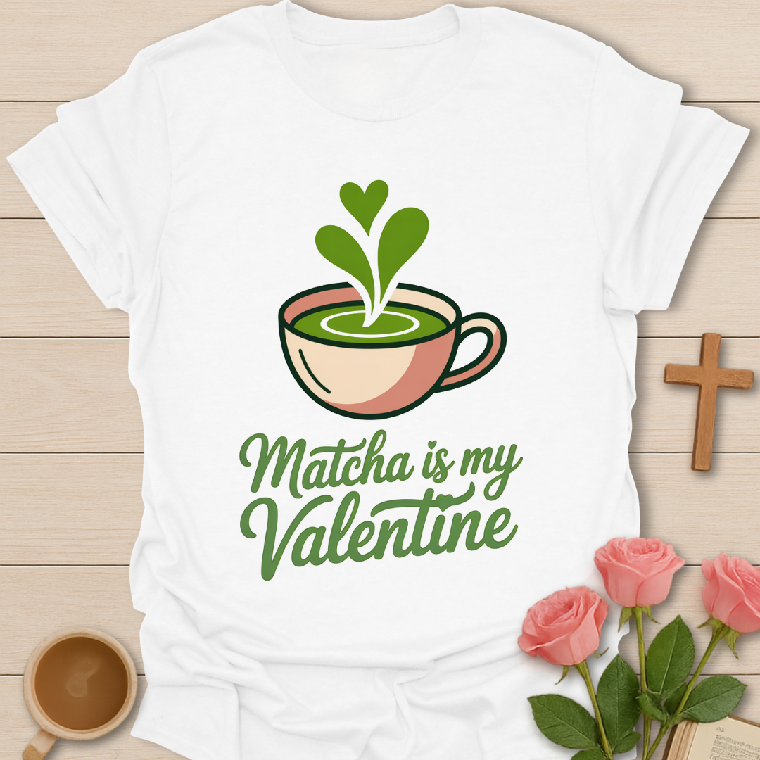 White t-shirt with 'Matcha is my Valentine' design on a wooden surface with flowers and a cross.