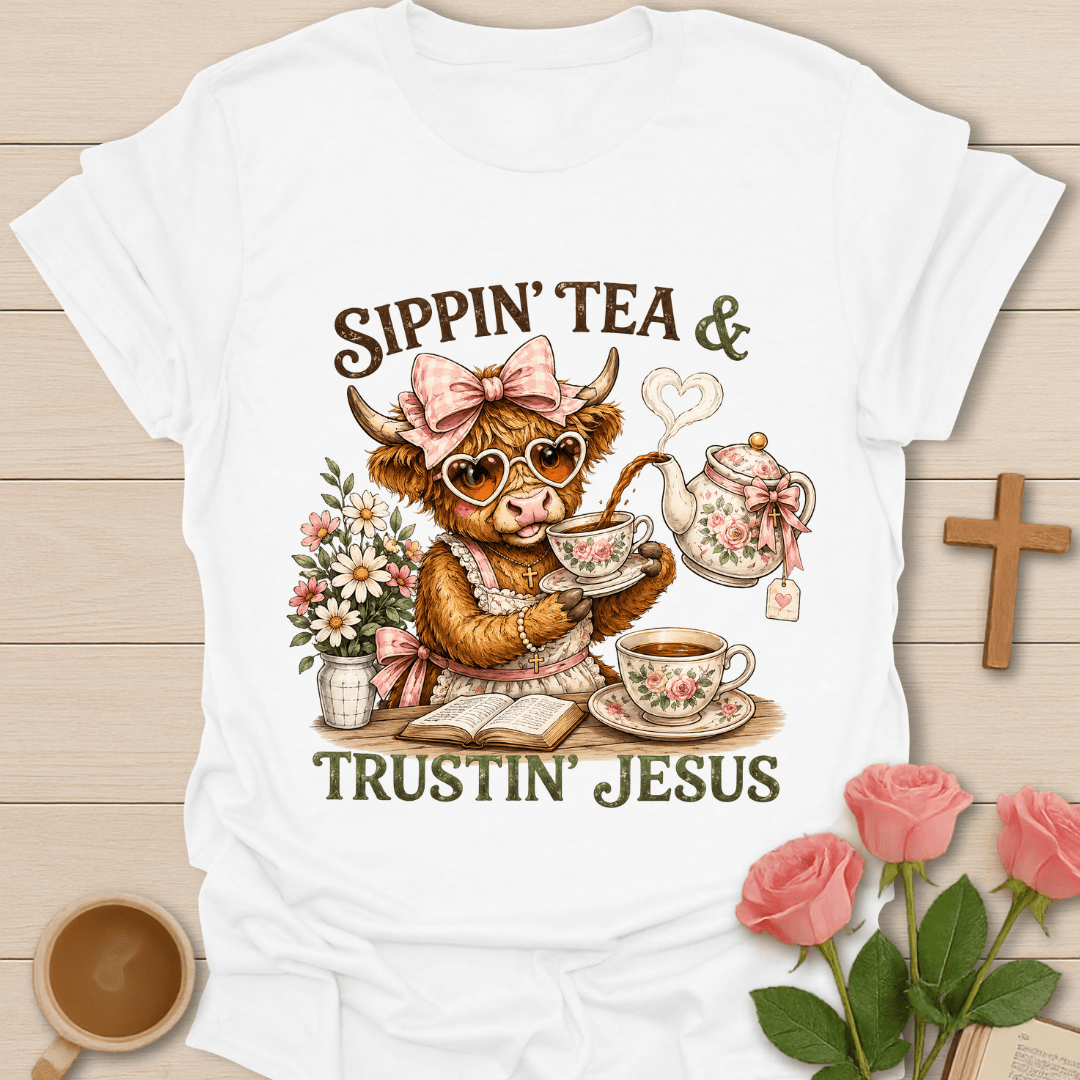 Highland Cow Jesus Tea T-Shirt KozzyCo Christian and tea lover design