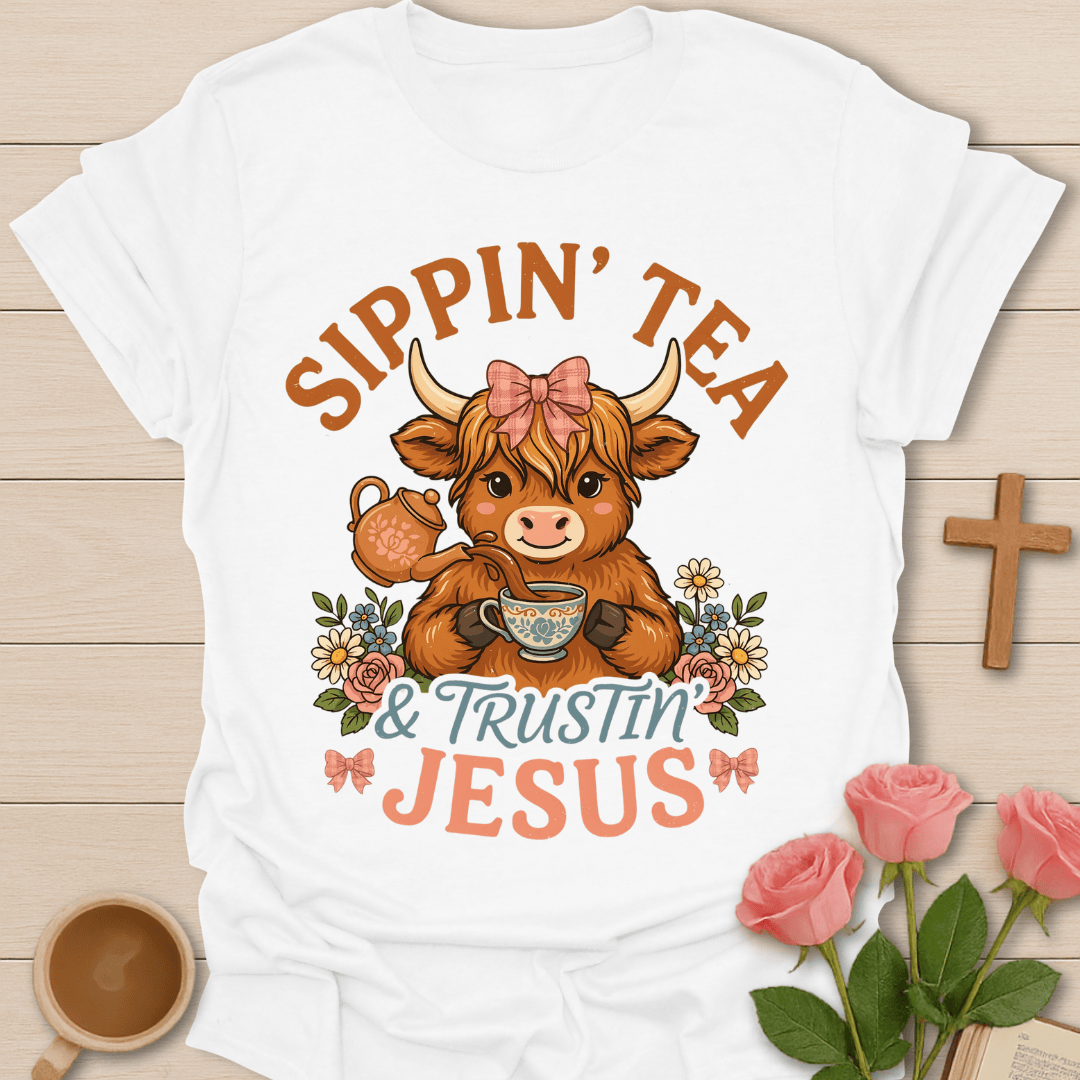 Highlander Cow Sippin' Tea T-Shirt KozzyCo Christian and tea lover design