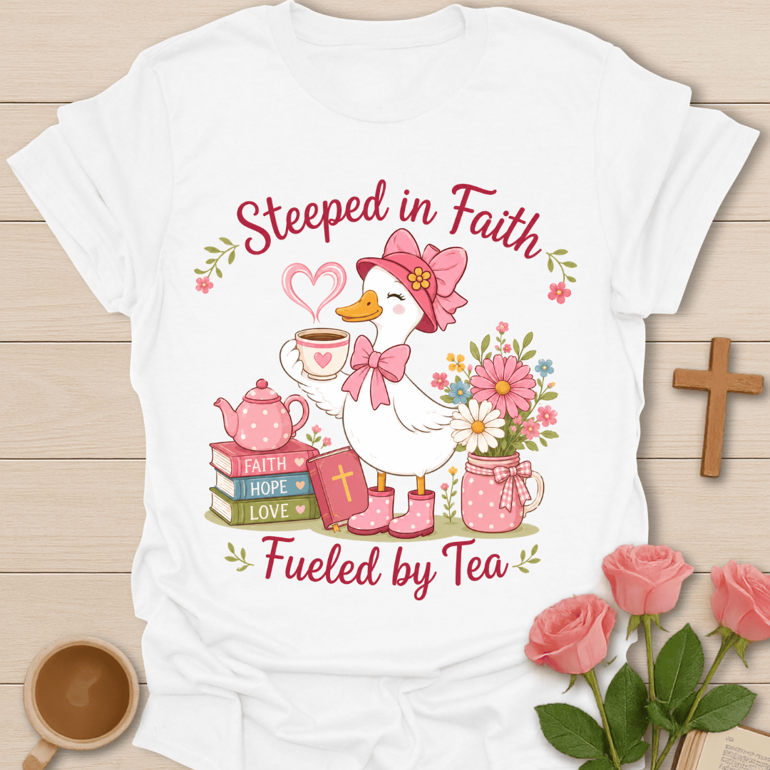 Duck Steeped In Faith Tea T-Shirt KozzyCo Christian and tea lover design