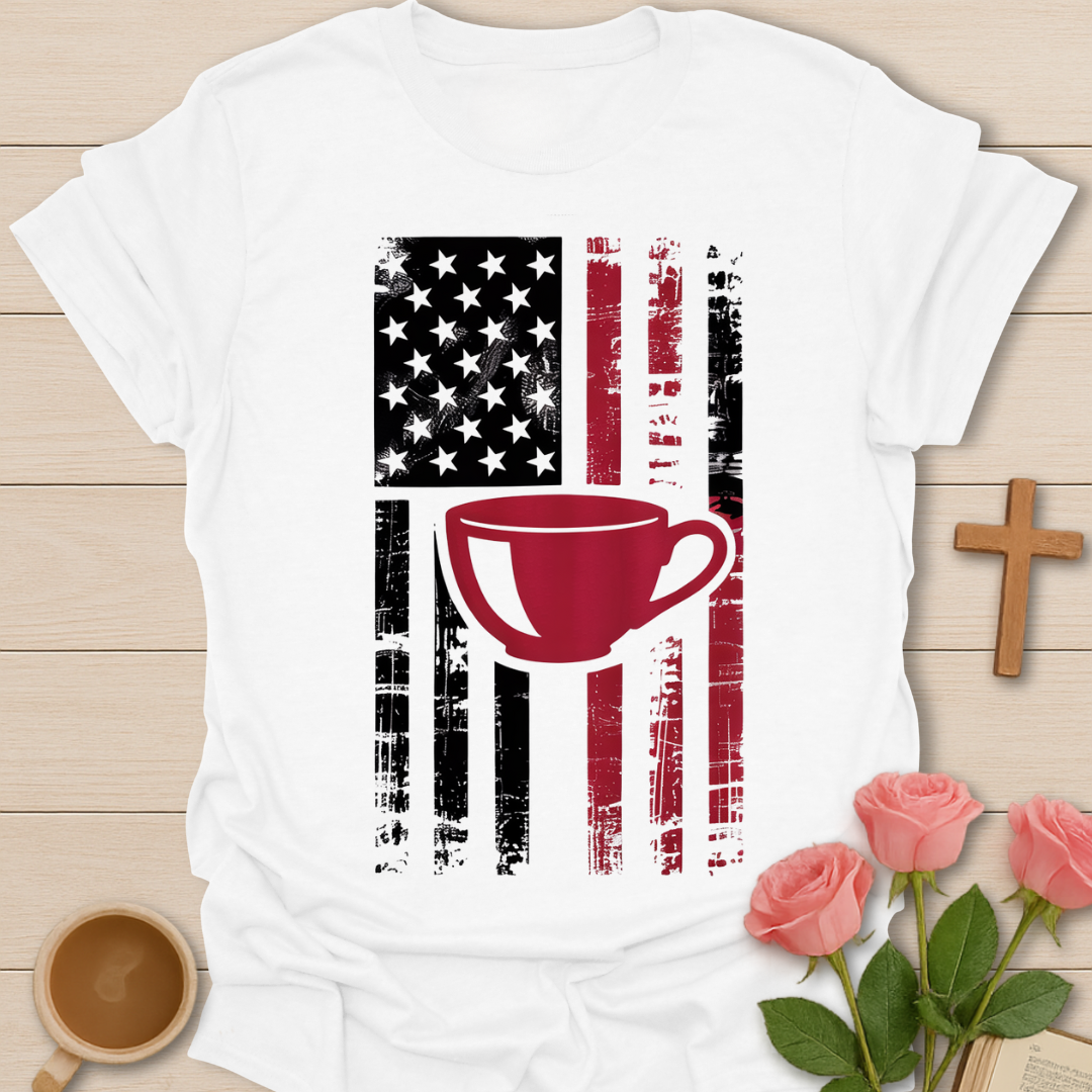 White American flag tea cup graphic shirt featuring a red tea cup over a distressed USA flag design for tea lovers and patriotic faith wear