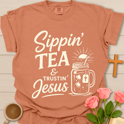 Sippin' Tea & Trustin' Jesus T-Shirt CC KozzyCo Christian and tea lover design