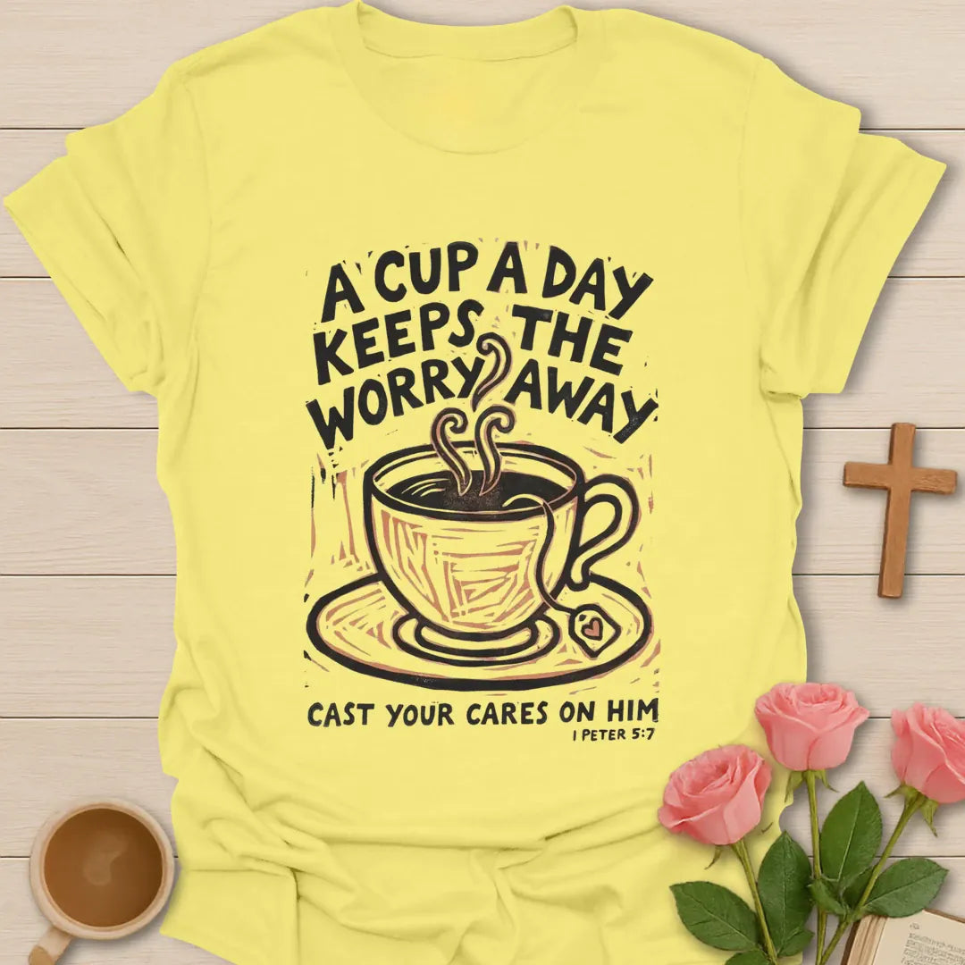 A Cup A Day Christian t-shirt with faith-inspired tea lettering design - Cornsilk