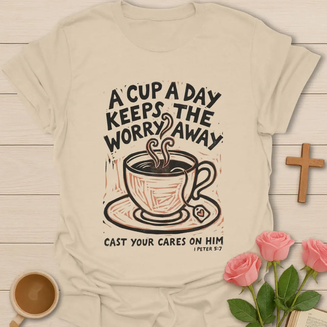 A Cup A Day Christian t-shirt with faith-inspired tea lettering design - Sand