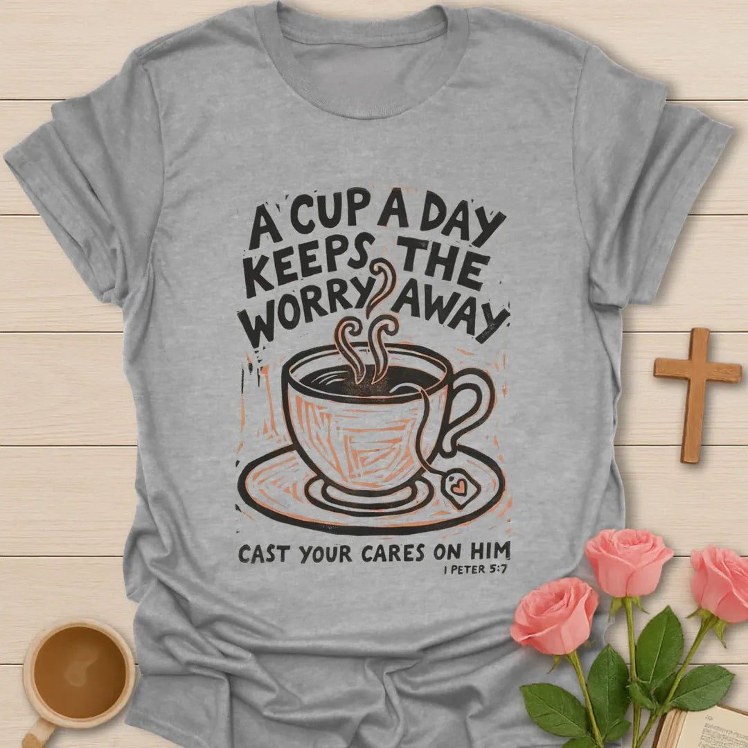 A Cup A Day Christian t-shirt with faith-inspired tea lettering design - Sport Grey