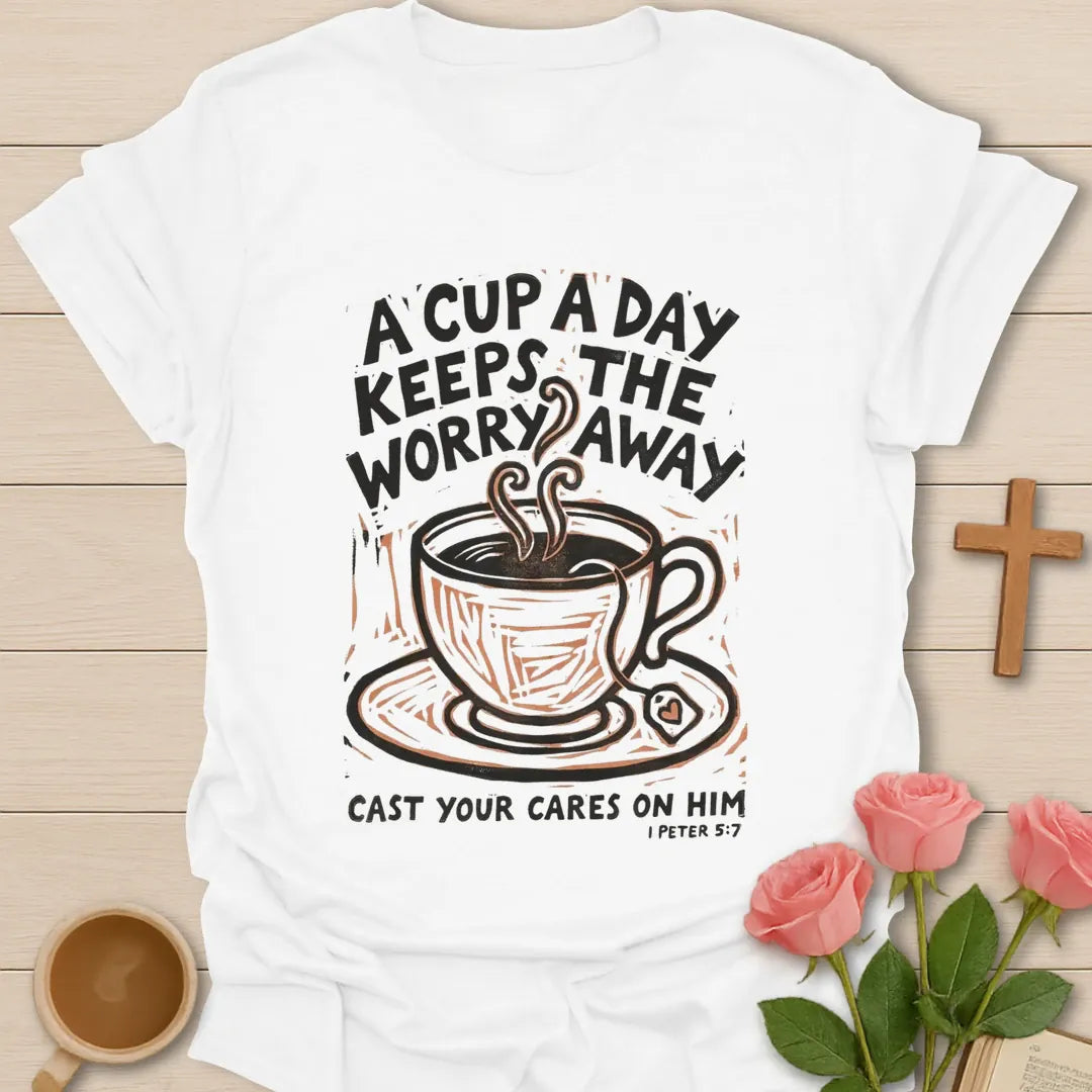 A Cup A Day Christian t-shirt with faith-inspired tea lettering design - White