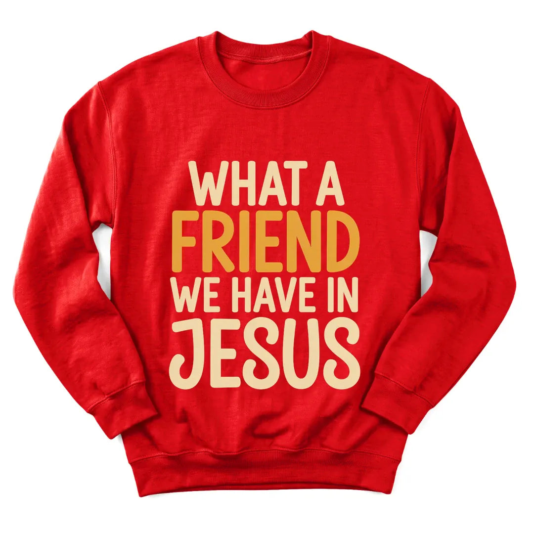 A Friend In Jesus sweatshirt with warm lettering and faith-inspired design - Red