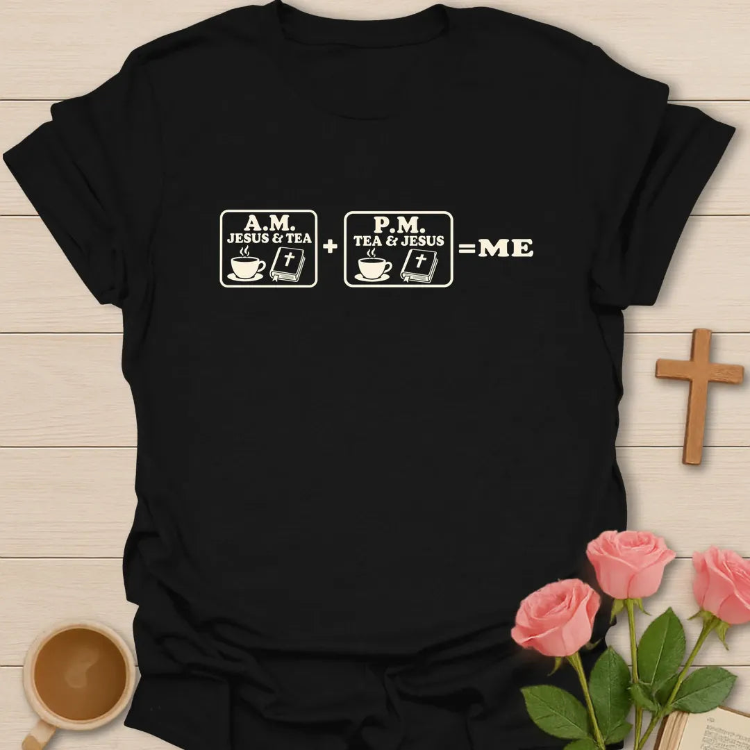 A.M. P.M shirt with simple lettering and faith-inspired tea design. - Black