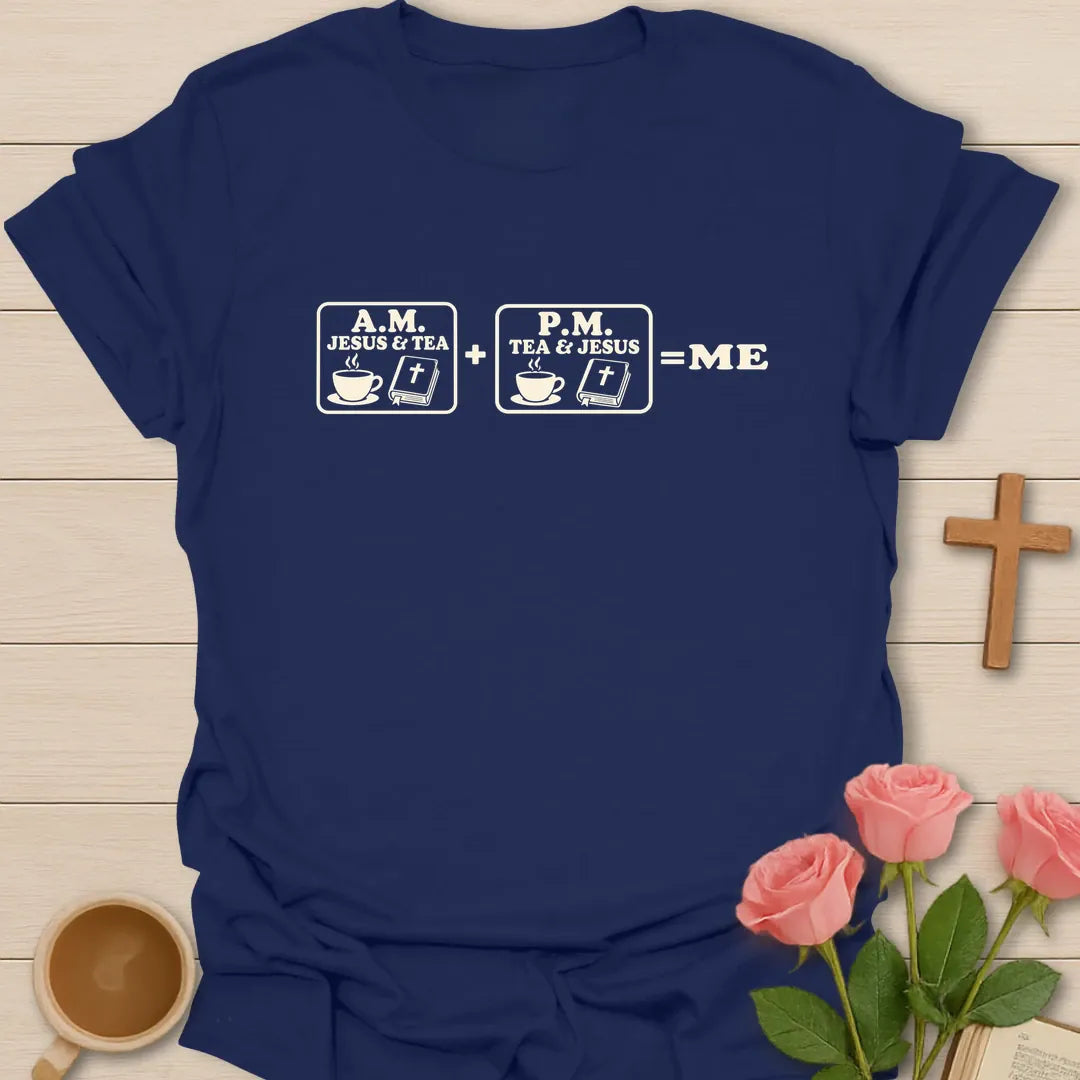 A.M. P.M shirt with simple lettering and faith-inspired tea design. - Navy