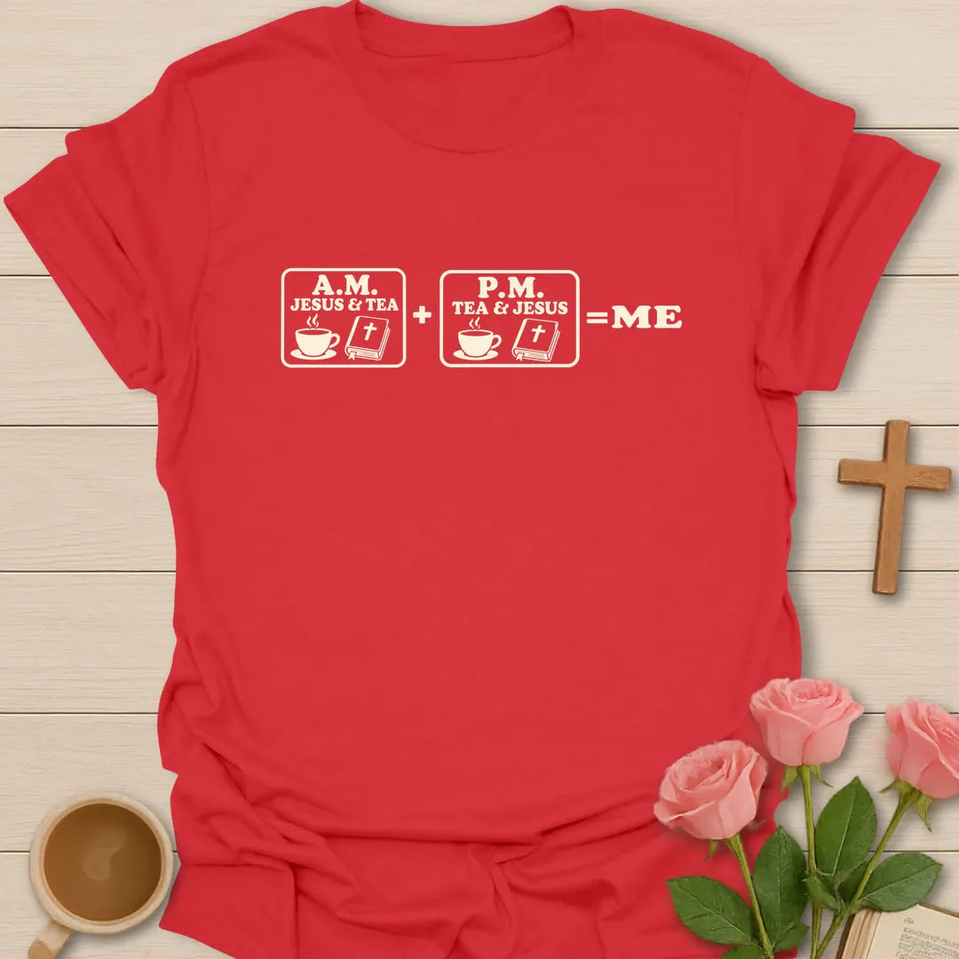 A.M. P.M shirt with simple lettering and faith-inspired tea design. - Red