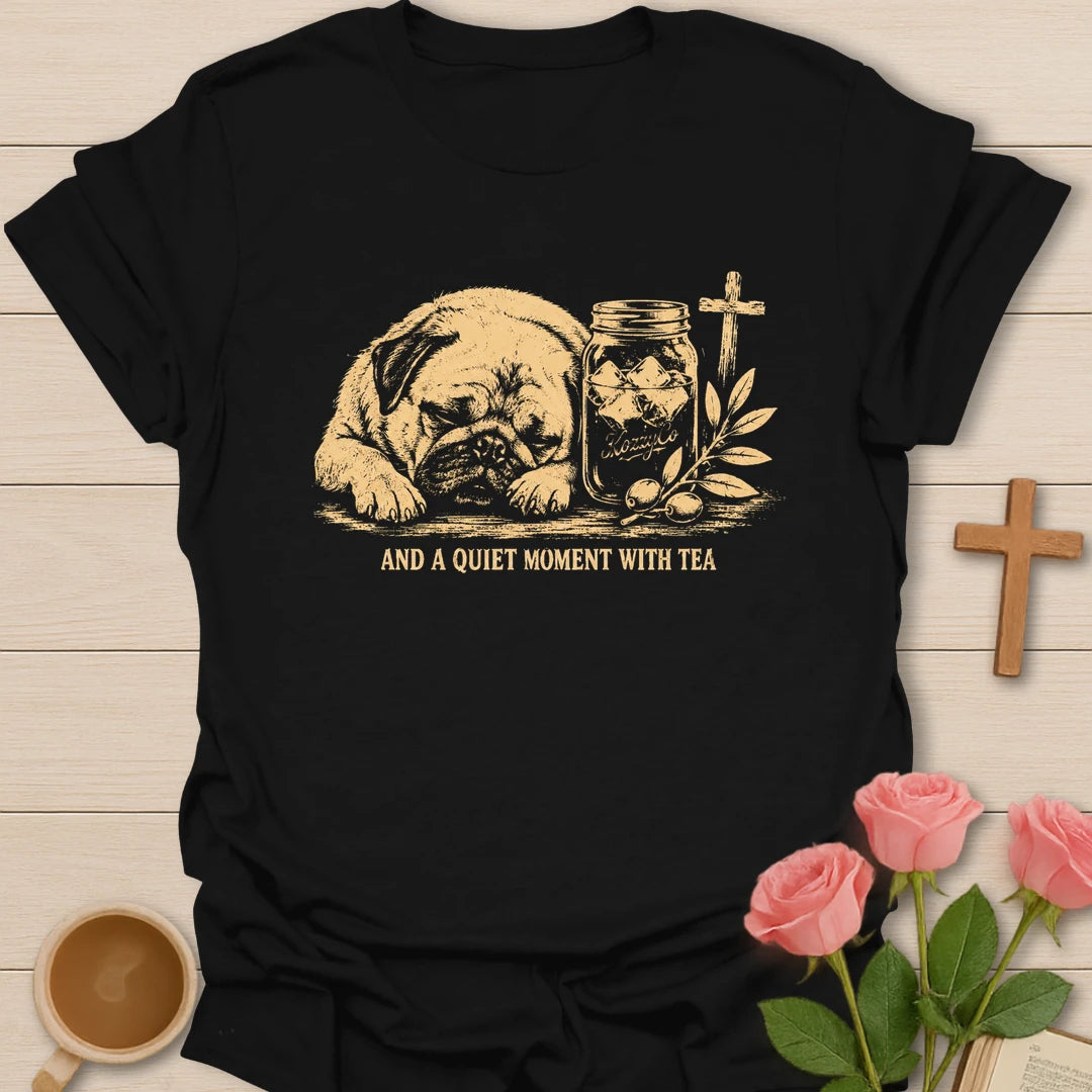 A Quiet Moment With Tea shirt with teacup, steam, and peaceful faith-inspired lettering. - Black