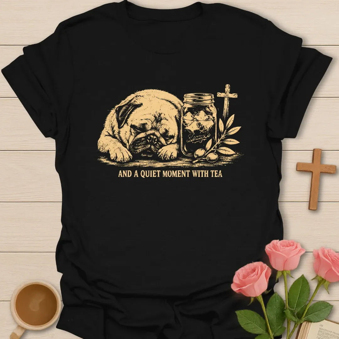 A Quiet Moment With Tea shirt with teacup, steam, and peaceful faith-inspired lettering. - Black