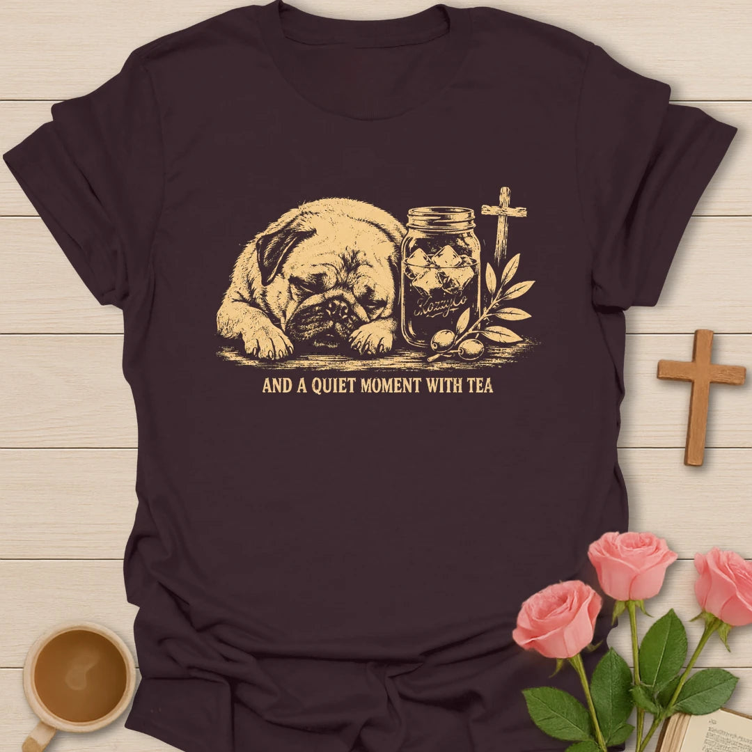 A Quiet Moment With Tea shirt with teacup, steam, and peaceful faith-inspired lettering. - Dark Chocolate