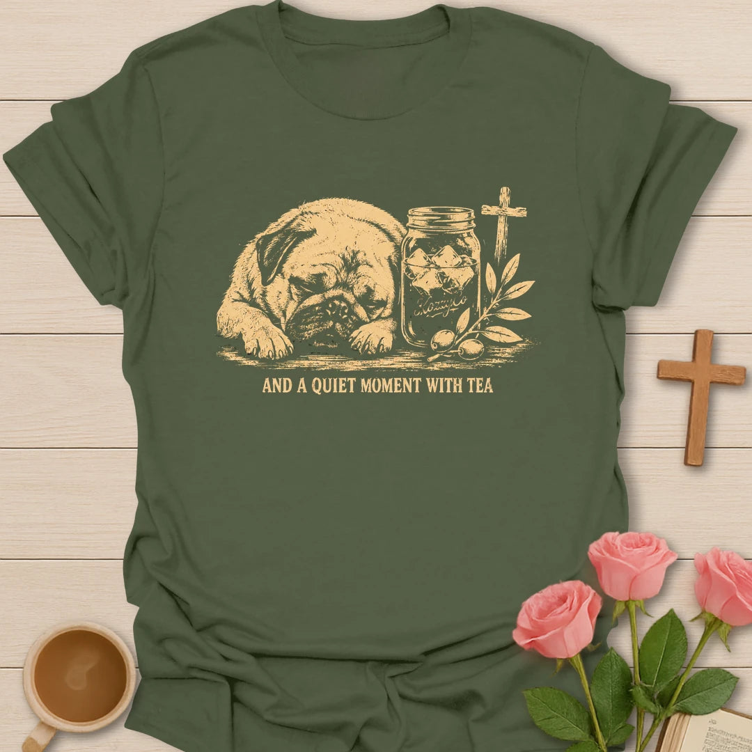 A Quiet Moment With Tea shirt with teacup, steam, and peaceful faith-inspired lettering. - Military Green