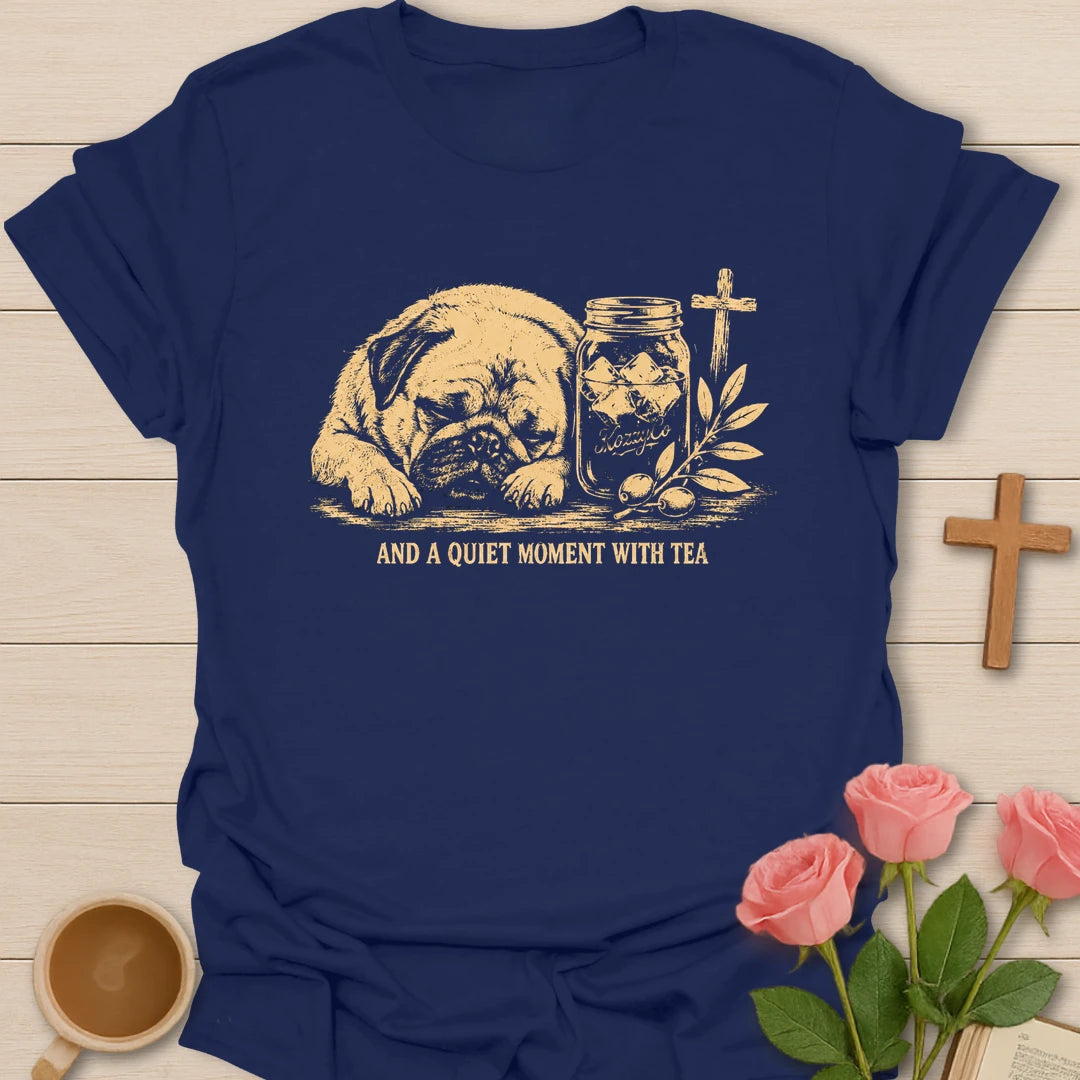 A Quiet Moment With Tea shirt with teacup, steam, and peaceful faith-inspired lettering. - Navy