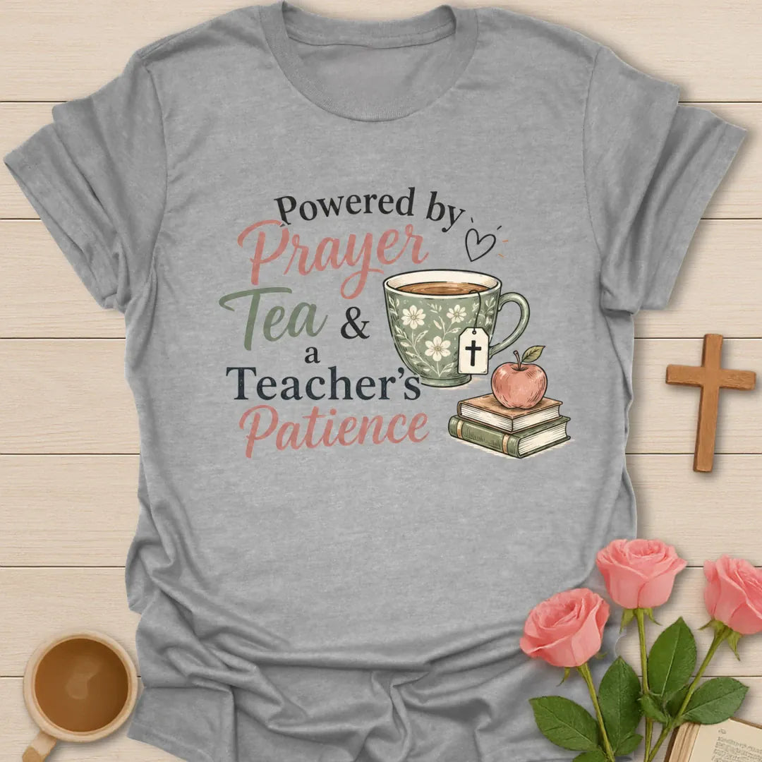 A Teacher's Patience shirt with apple, teacup, cross, and cream vintage lettering. - Sport Grey