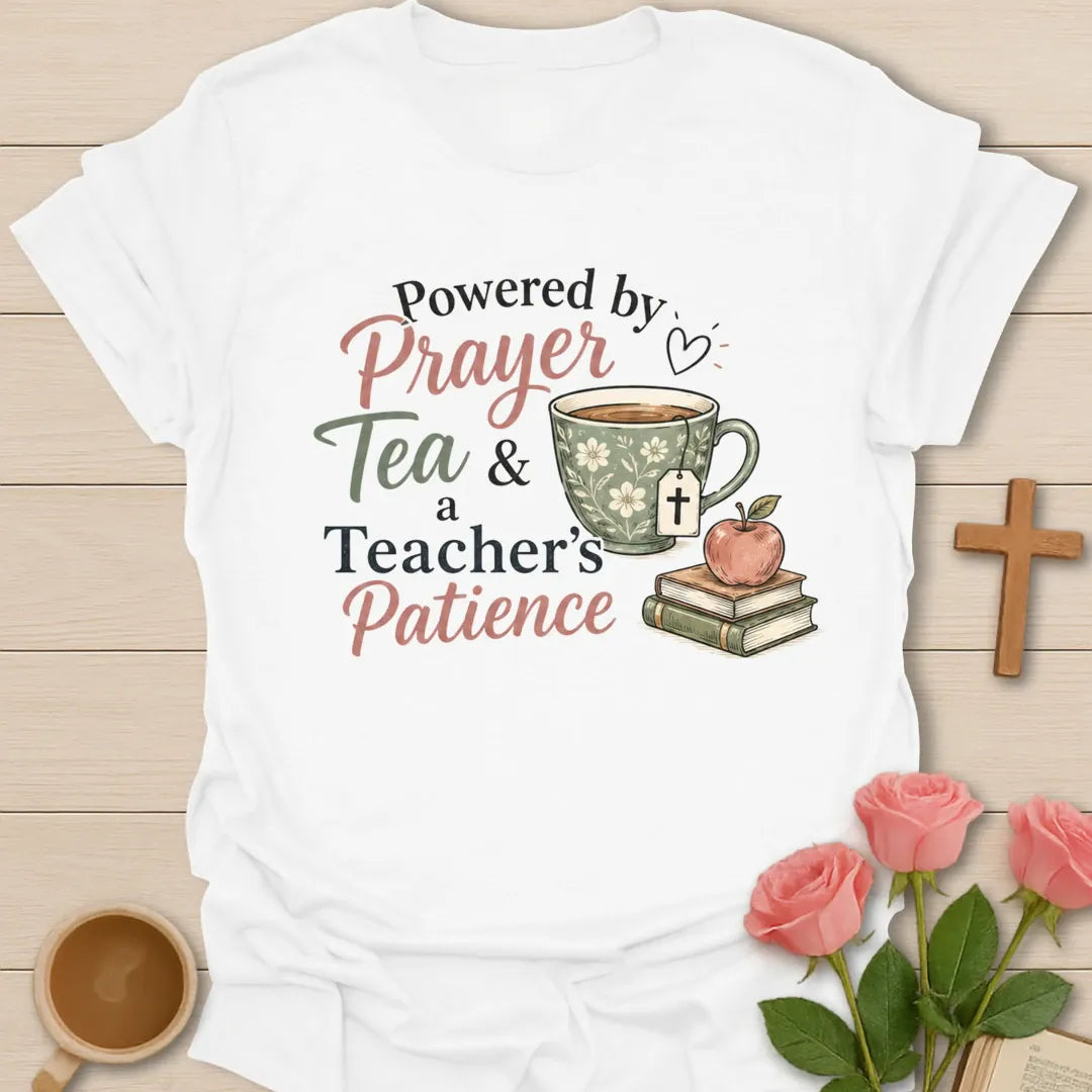 A Teacher's Patience shirt with apple, teacup, cross, and cream vintage lettering. - White