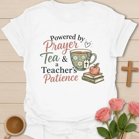 A Teacher's Patience shirt with apple, teacup, cross, and cream vintage lettering. - White