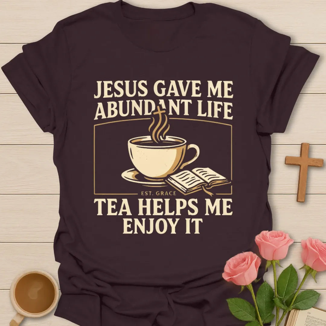 Abundant Life t-shirt with faith-inspired lettering based on John 10:10 - Dark Chocolate