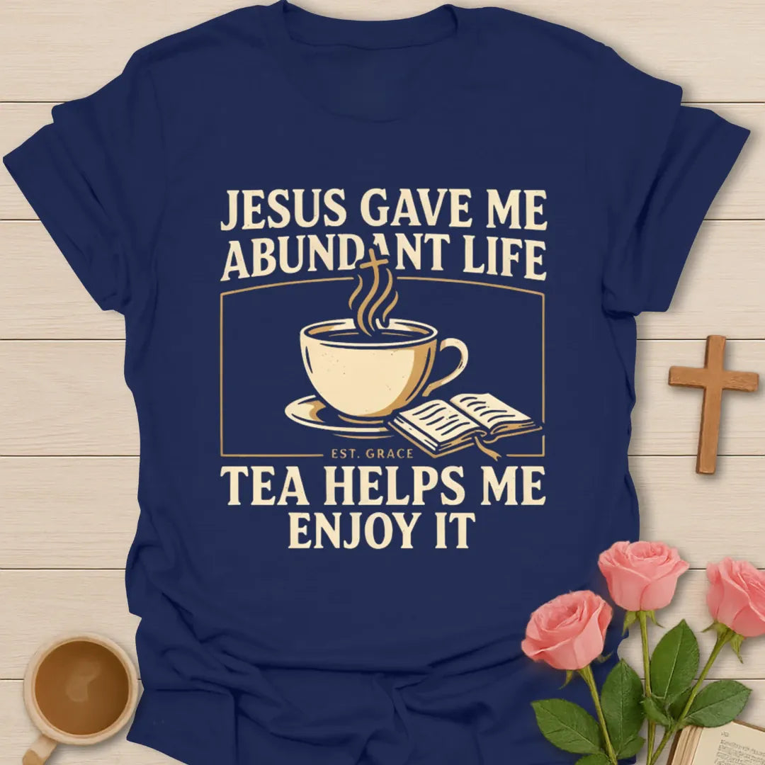 Abundant Life t-shirt with faith-inspired lettering based on John 10:10 - Navy