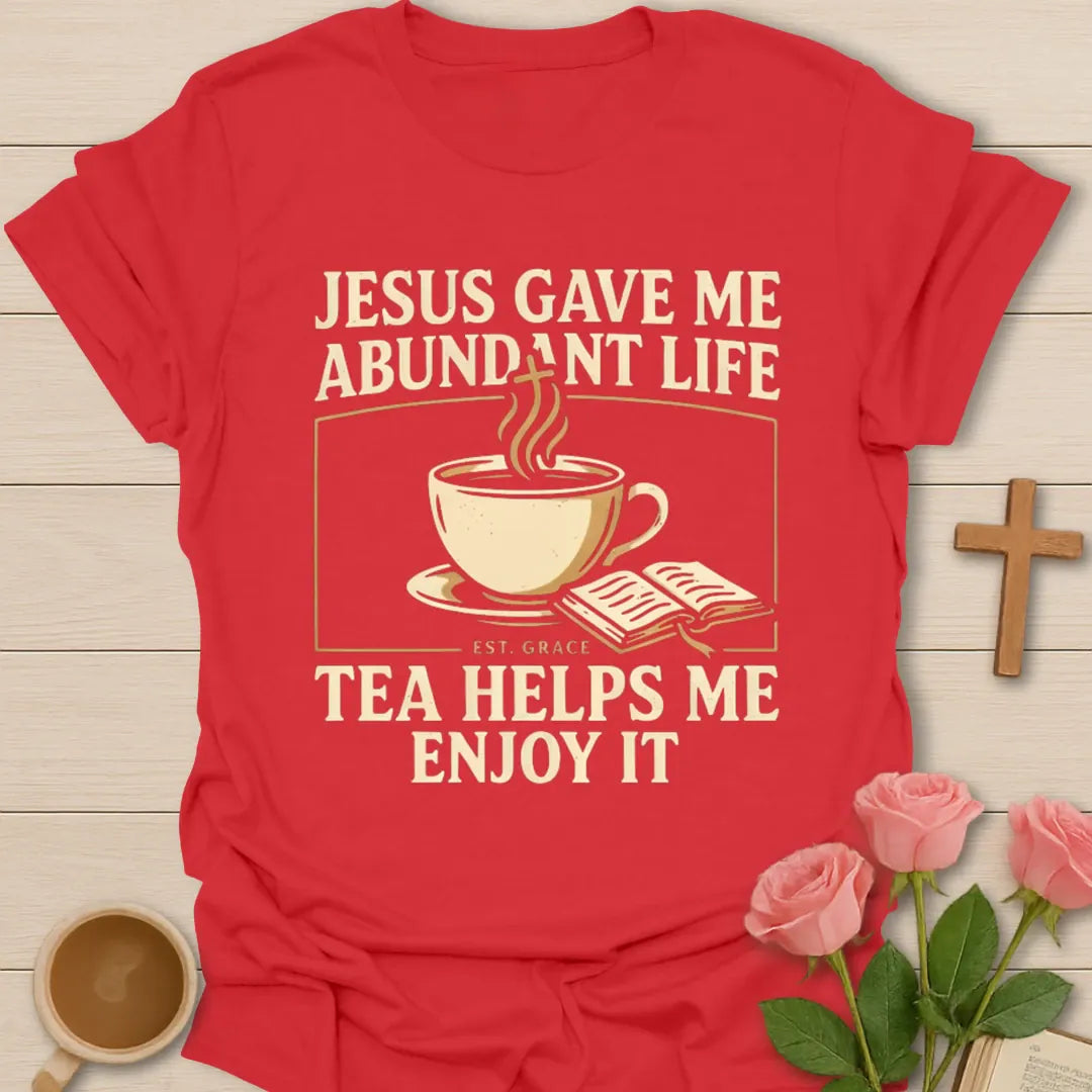 Abundant Life t-shirt with faith-inspired lettering based on John 10:10 - Red