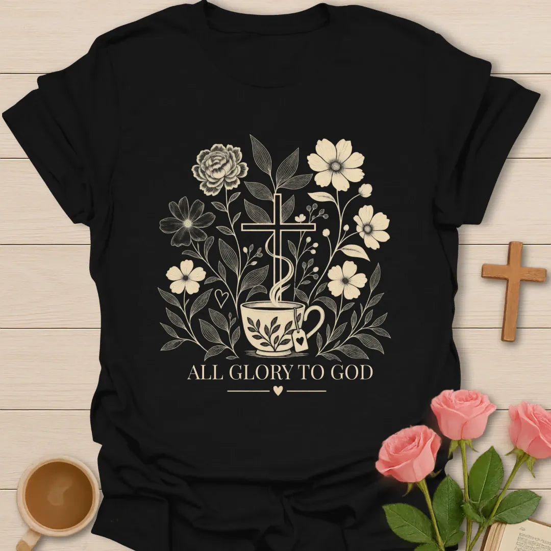 All Glory To God Christian tea t-shirt with bold lettering and faith-inspired design. - Black