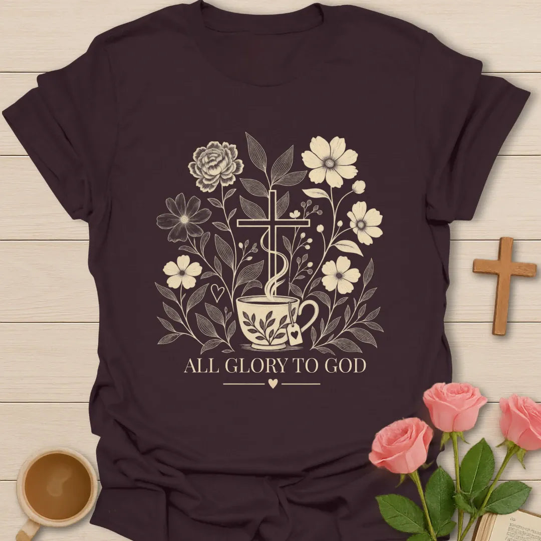 All Glory To God Christian tea t-shirt with bold lettering and faith-inspired design. - Dark Chocolate