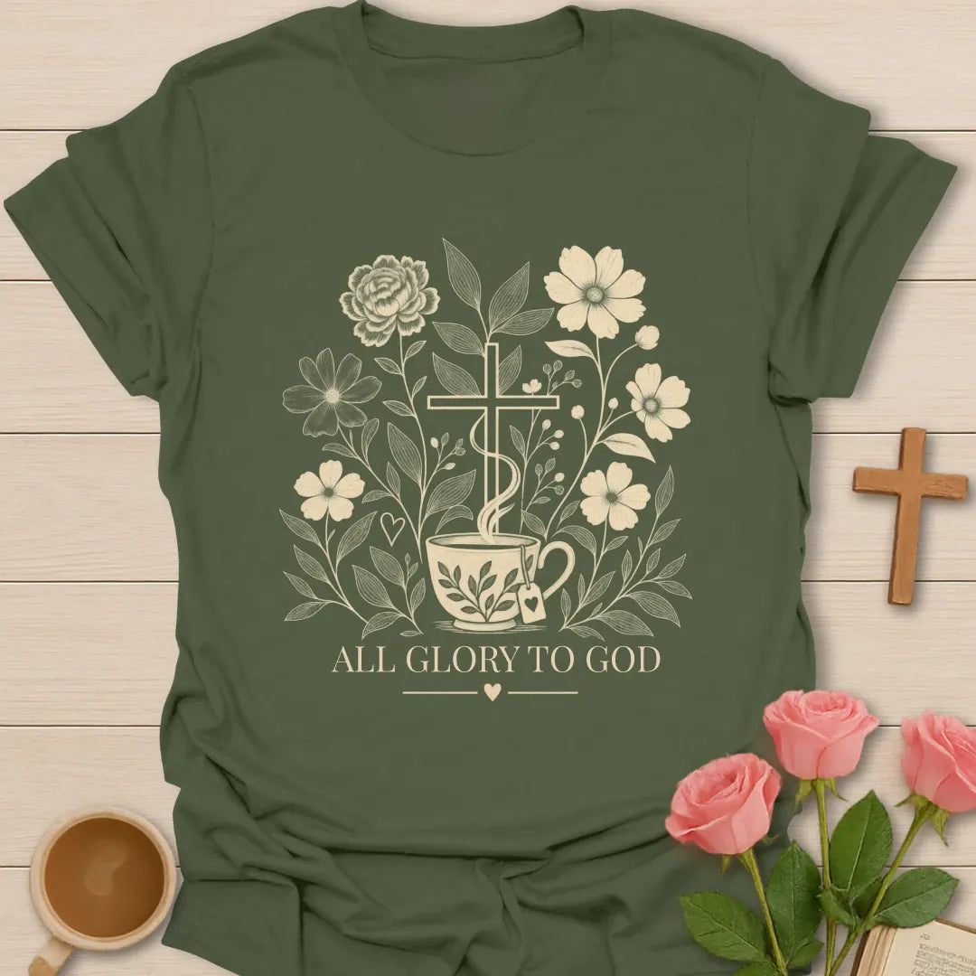 All Glory To God Christian tea t-shirt with bold lettering and faith-inspired design. - Military Green