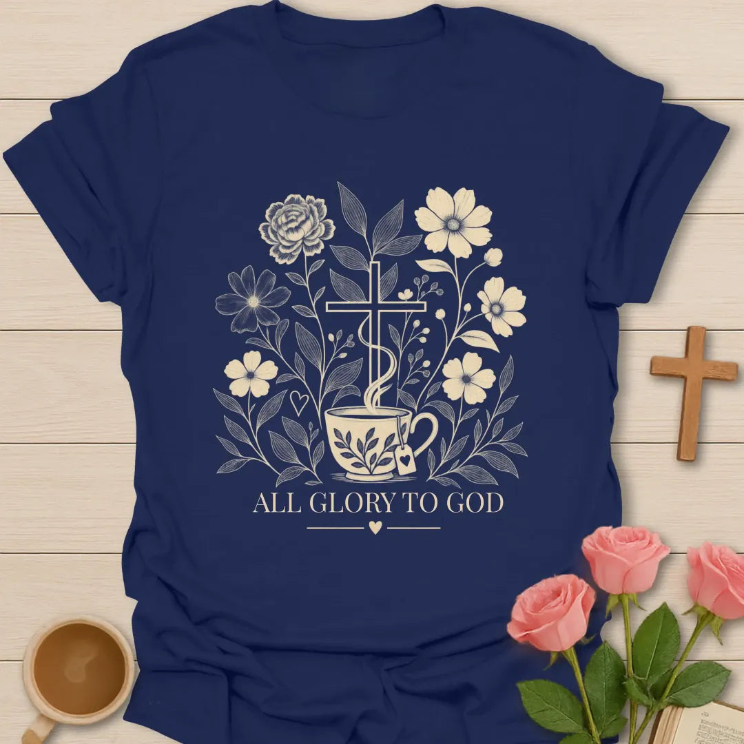All Glory To God Christian tea t-shirt with bold lettering and faith-inspired design. - Navy