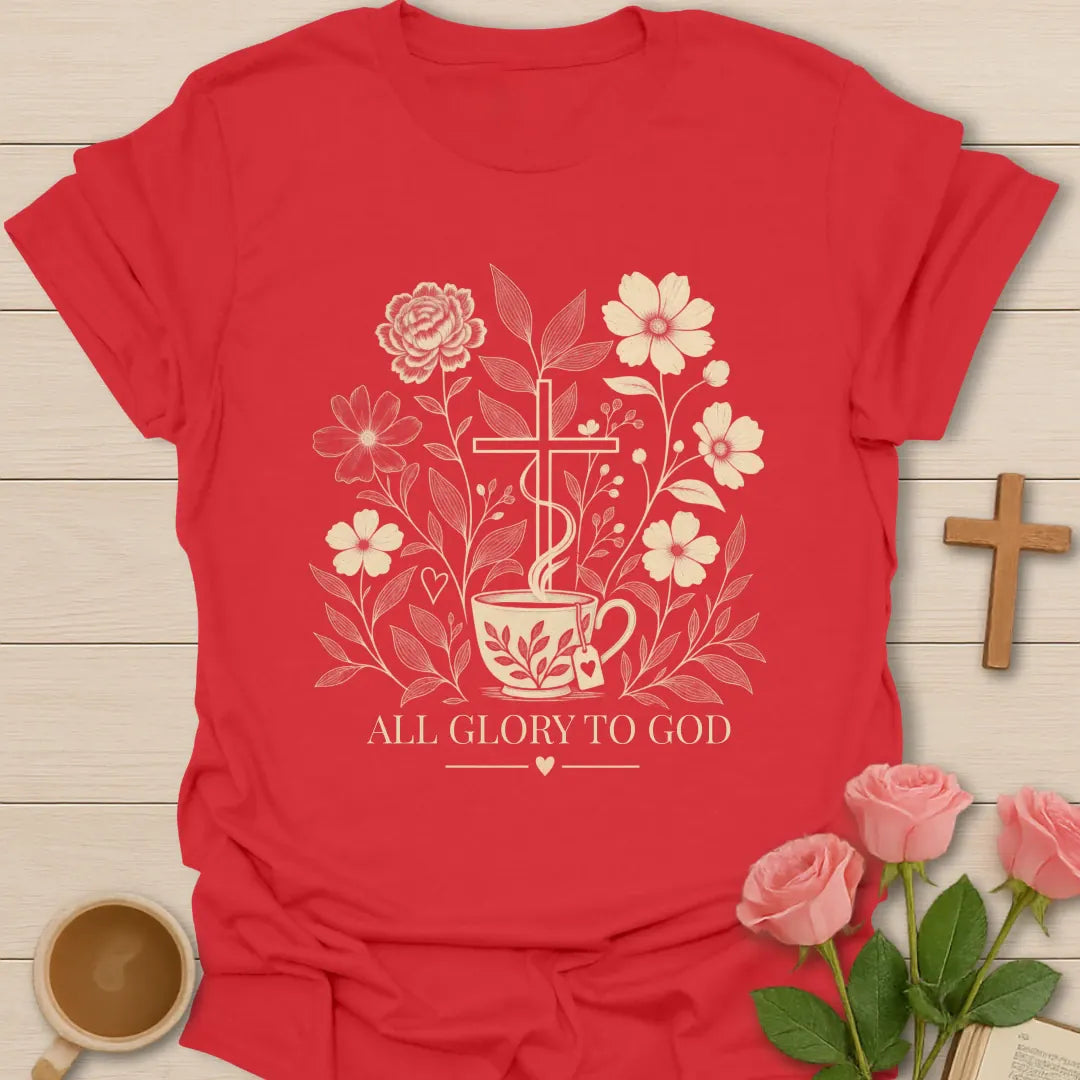 All Glory To God Christian tea t-shirt with bold lettering and faith-inspired design. - Red