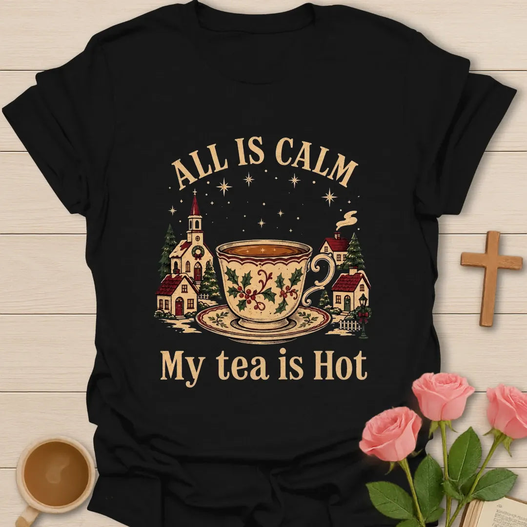All Is Calm Christmas shirt with peaceful holiday lettering - Black