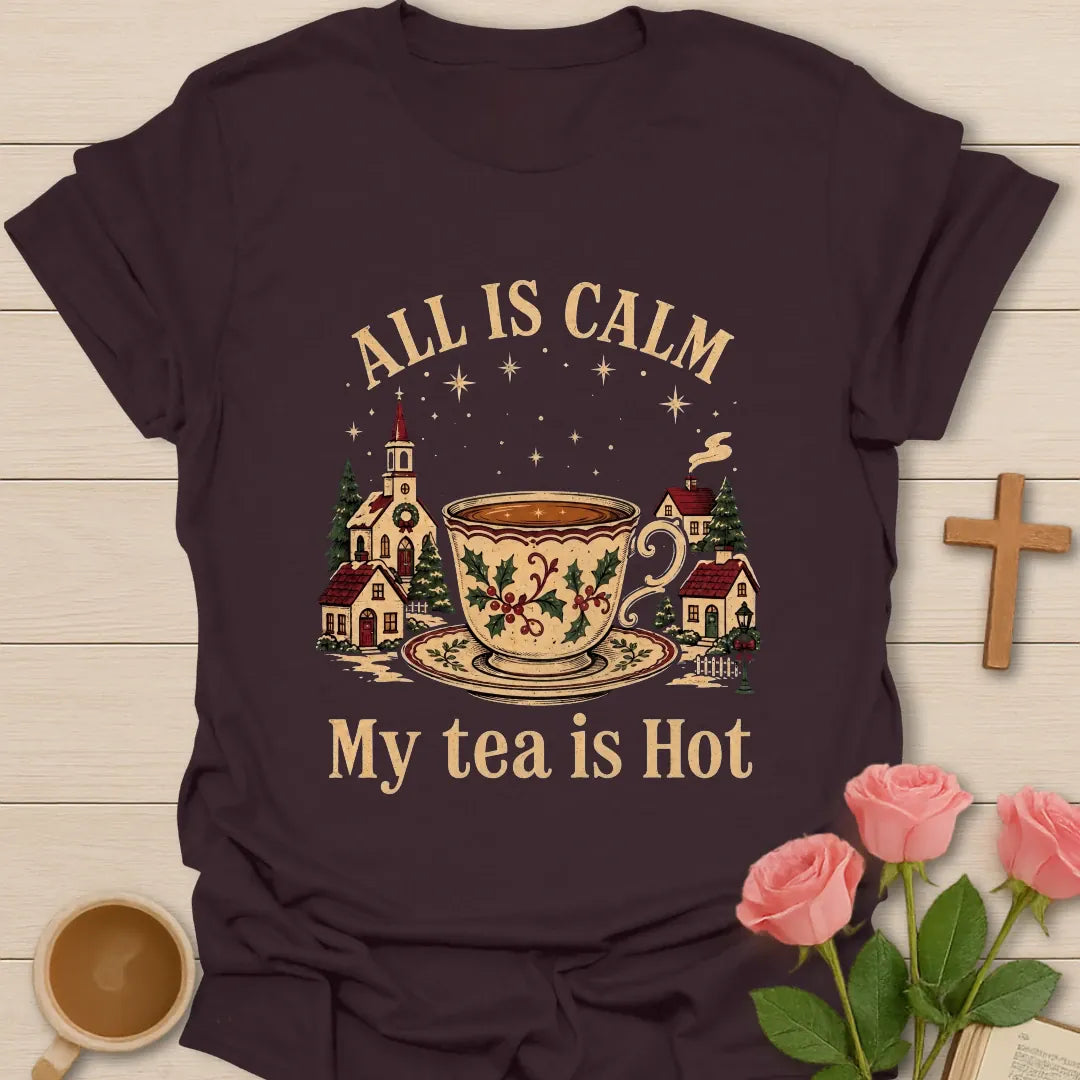 All Is Calm Christmas shirt with peaceful holiday lettering - Dark Chocolate