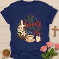 All Saints Day Christian tea t-shirt with reverent lettering and faith-inspired design. - Navy