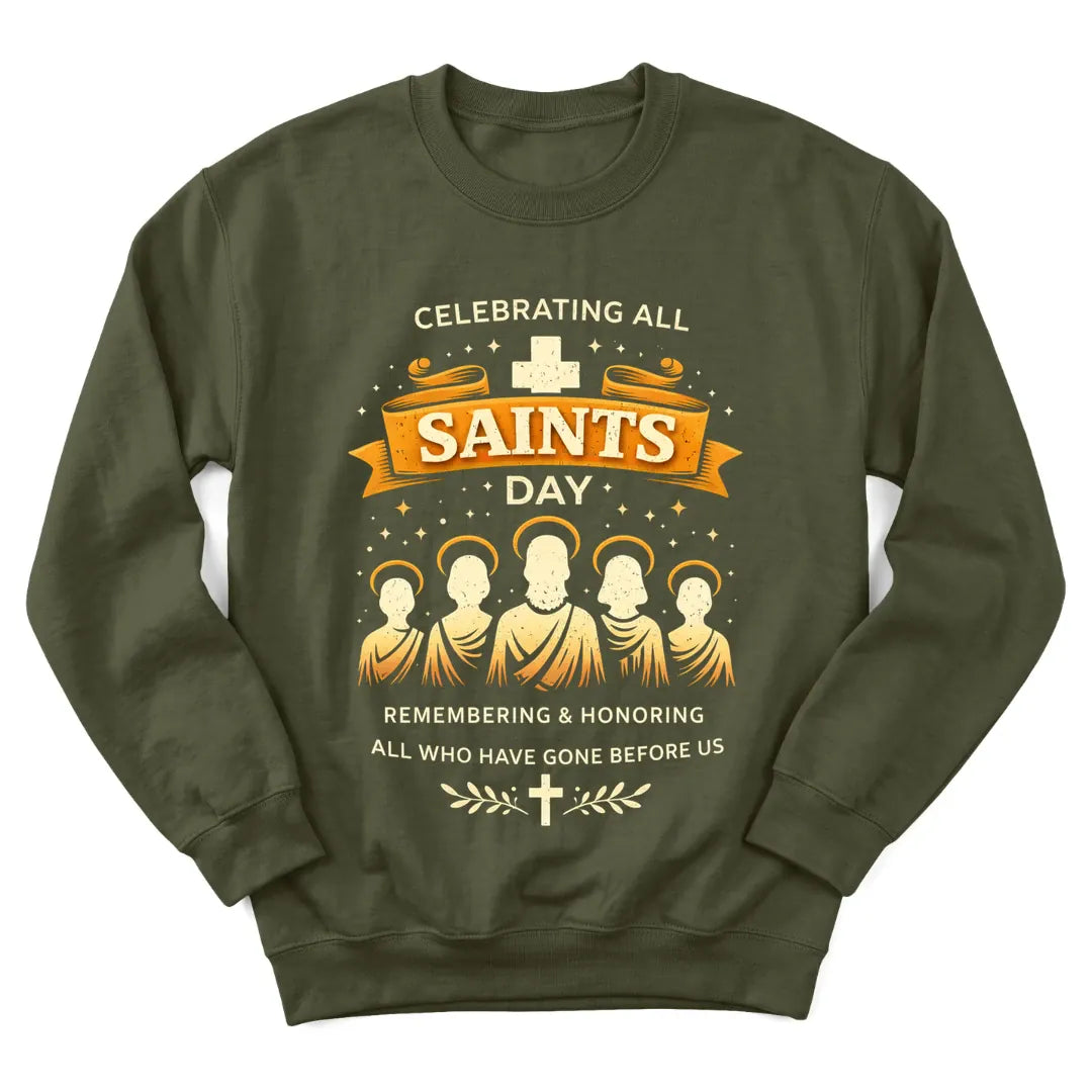 All Saints Day tribute sweatshirt with candles, cross and remembrance lettering - Military Green