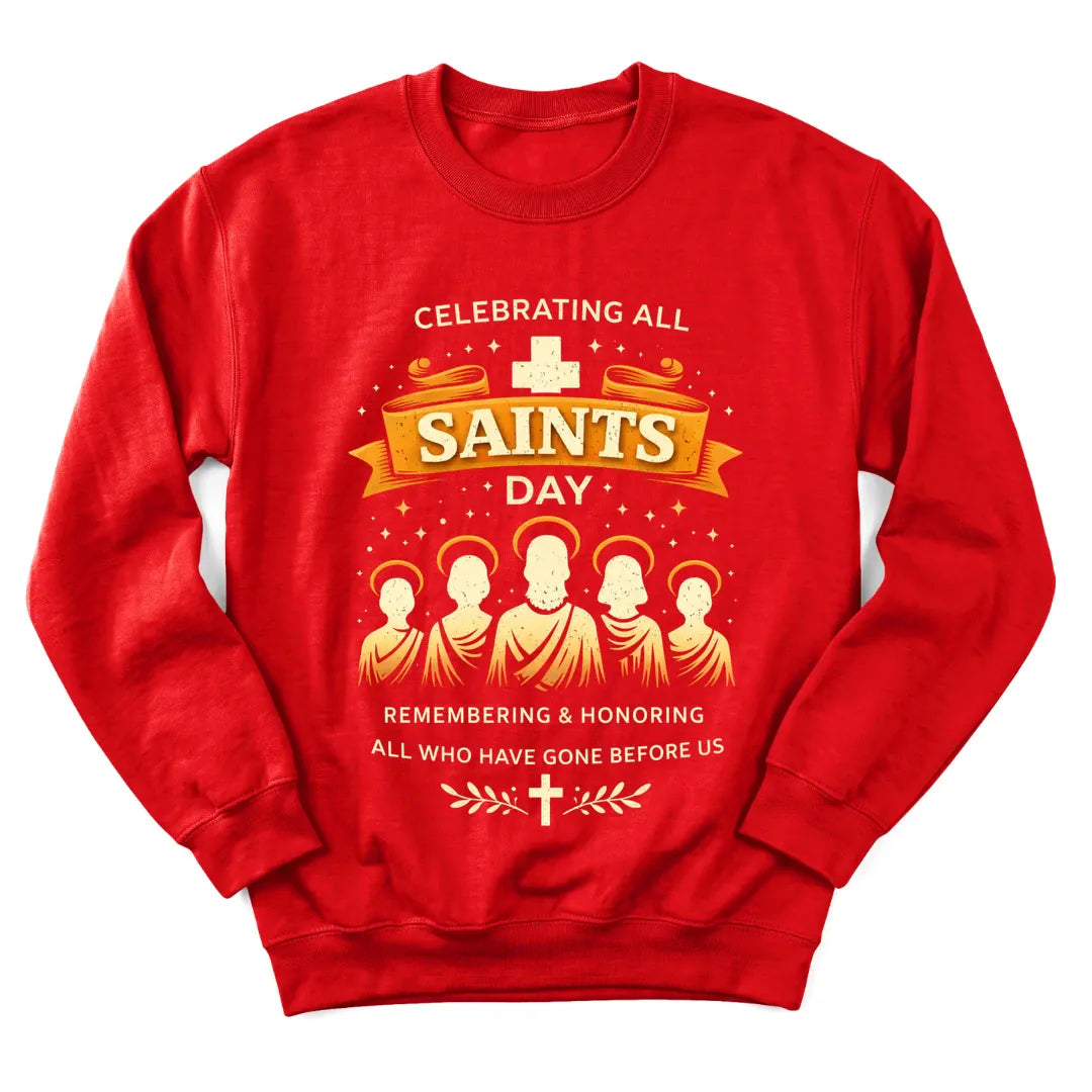 All Saints Day tribute sweatshirt with candles, cross and remembrance lettering - Red