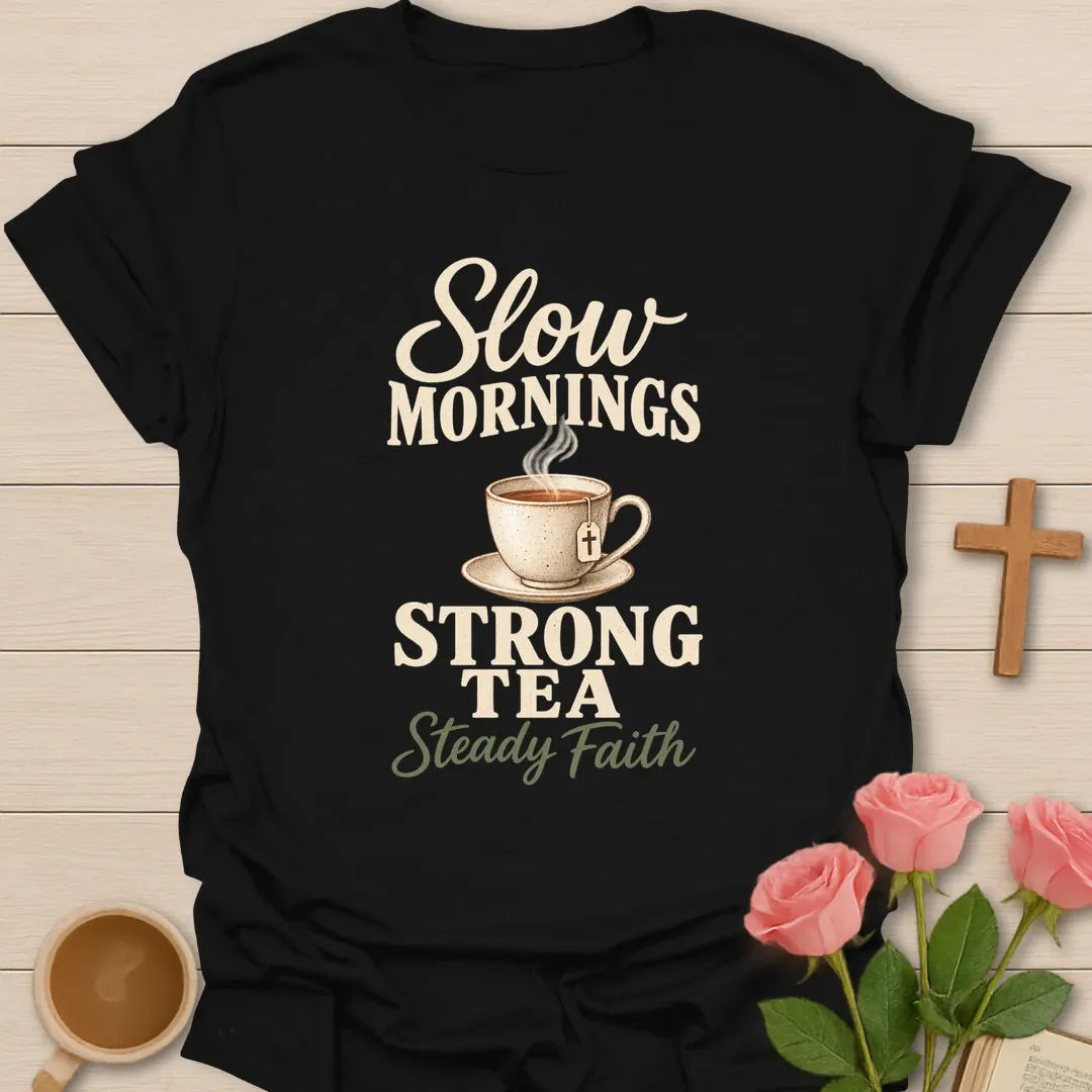 Slow Mornings Strong Tea Steady Faith shirt with cozy morning lettering - Black