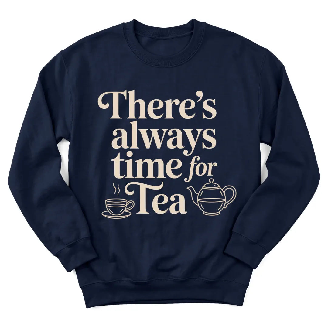 Always Time For Tea sweatshirt with teapot, clock and cozy lettering - Navy