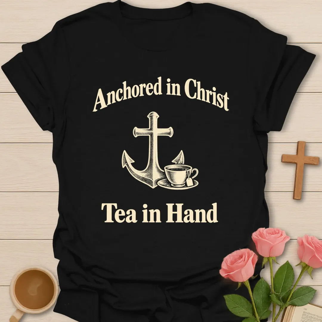 Anchored in Christ Tea in Hand Christian t-shirt with cross anchor and vintage teacup - Black