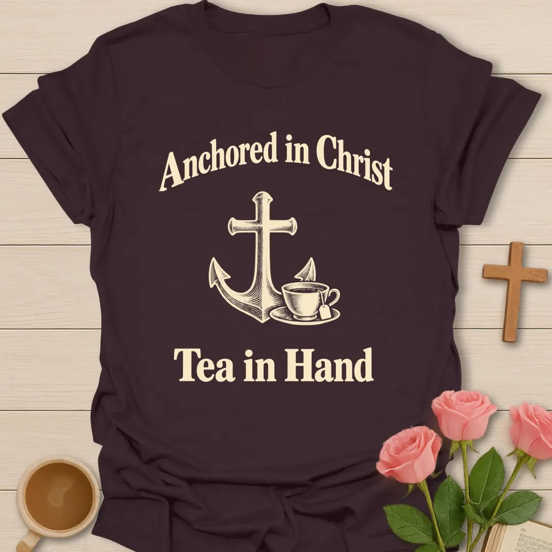 Anchored in Christ Tea in Hand Christian t-shirt with cross anchor and vintage teacup - Dark Chocolate