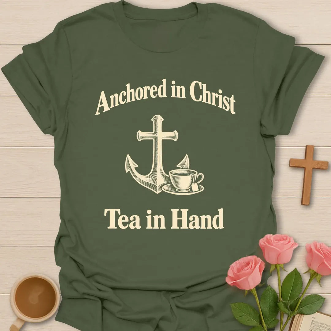 Anchored in Christ Tea in Hand Christian t-shirt with cross anchor and vintage teacup - Military Green