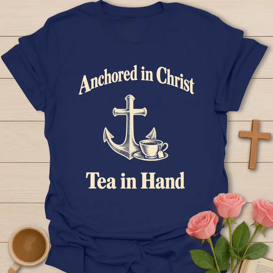 Anchored in Christ Tea in Hand Christian t-shirt with cross anchor and vintage teacup - Navy