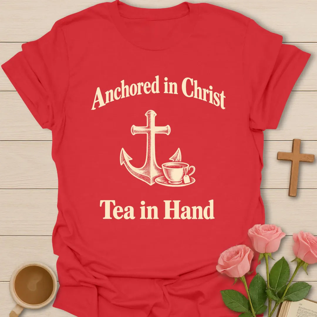 Anchored in Christ Tea in Hand Christian t-shirt with cross anchor and vintage teacup - Red