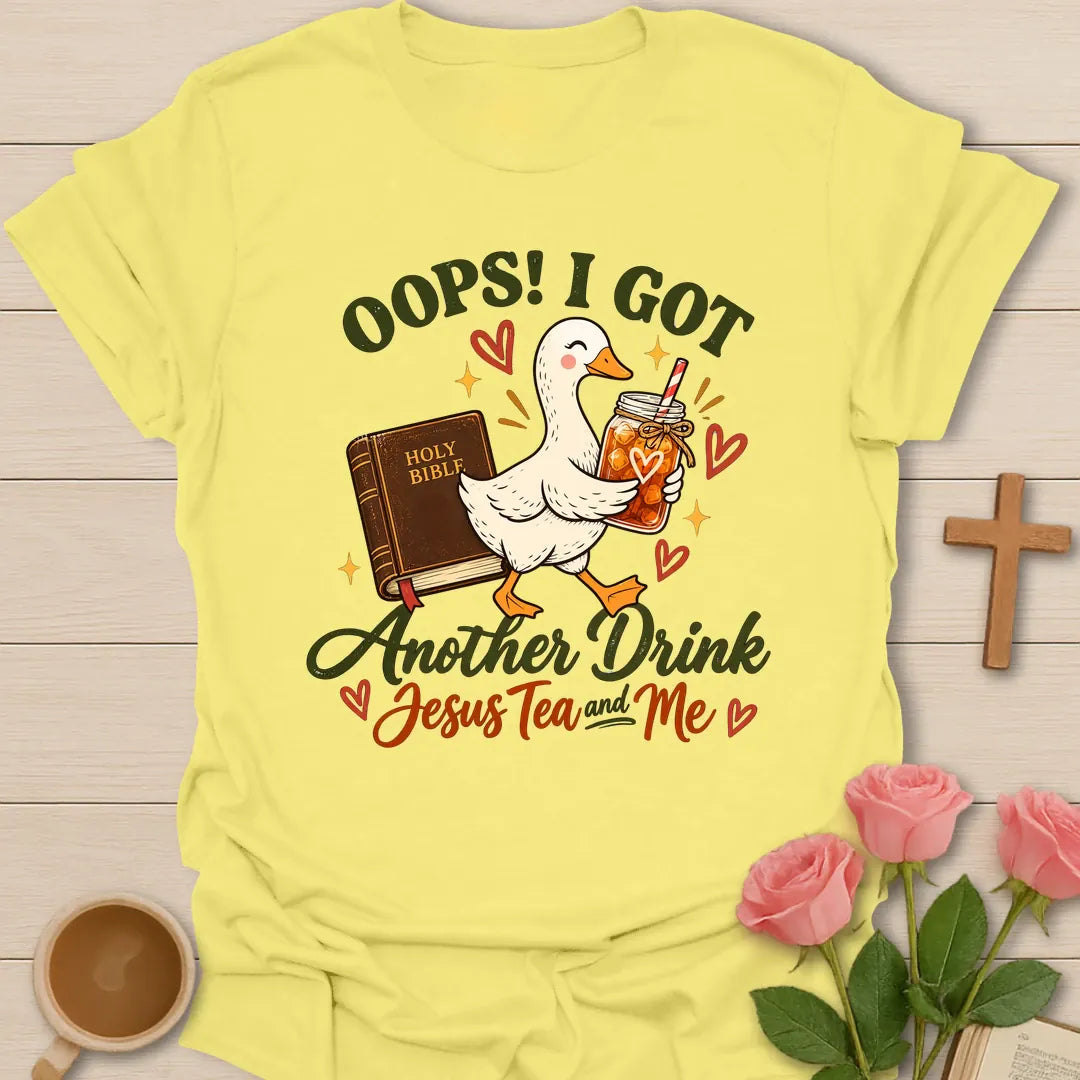 Another Drink funny Christian t-shirt with playful faith-inspired tea lettering design - Cornsilk