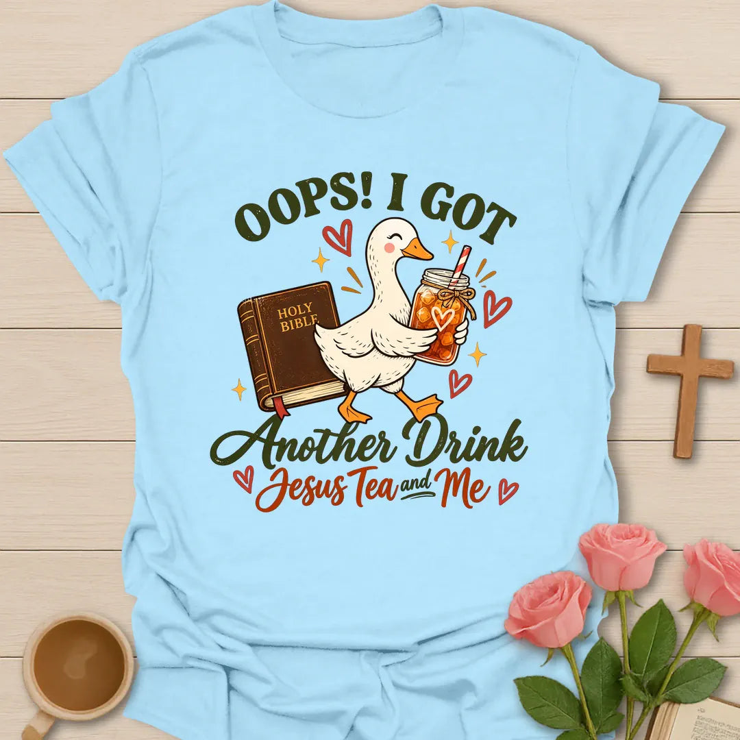 Another Drink funny Christian t-shirt with playful faith-inspired tea lettering design - Light Blue