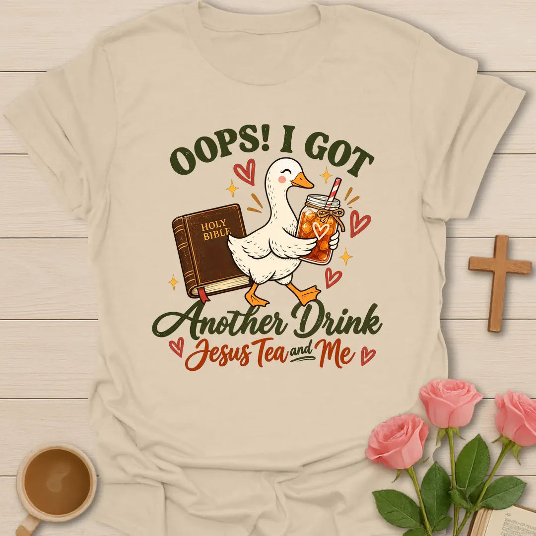 Another Drink funny Christian t-shirt with playful faith-inspired tea lettering design - Sand
