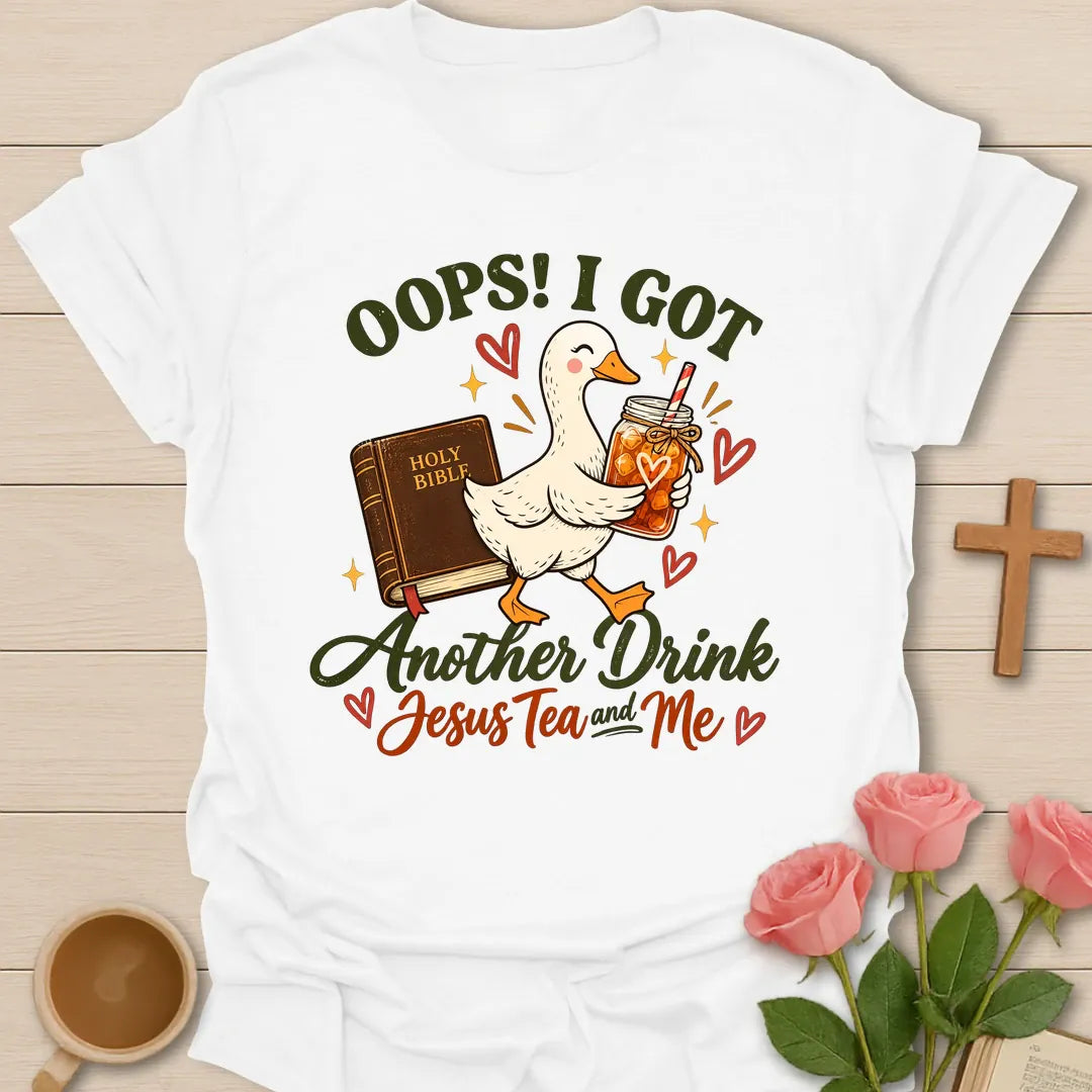 Another Drink funny Christian t-shirt with playful faith-inspired tea lettering design - White