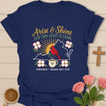 Arise & Shine Virginia Christian tea t-shirt with home-state lettering and faith-inspired design. - Navy