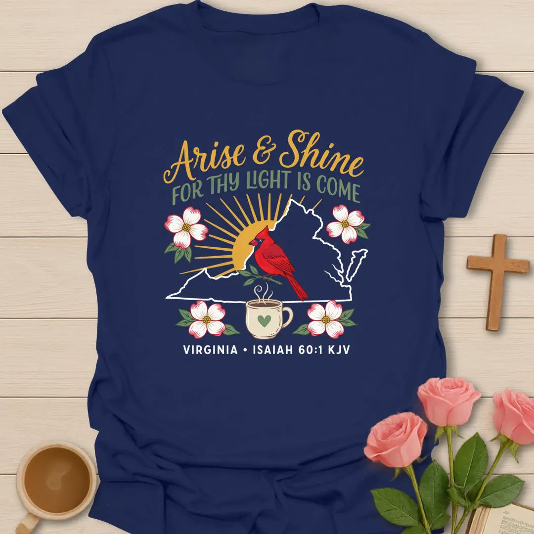 Arise & Shine Virginia Christian tea t-shirt with home-state lettering and faith-inspired design. - Navy
